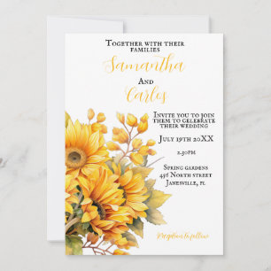 Invitation tournesol rustique, mariage jaune or