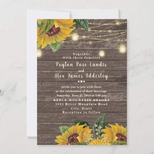 Invitation Tournesol Rustique Mariage léger Twinkle en bois (Devant)