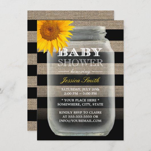 Invitation Tournesol rustique Mason Jar & Stripes Baby shower (Devant / Derrière)