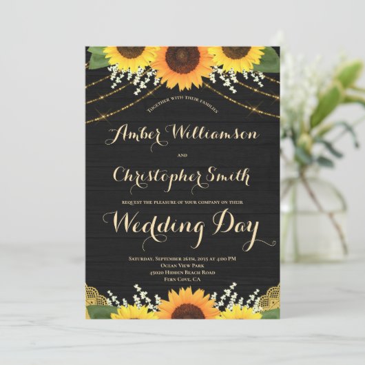 Invitation Tournesol rustique Noir Chaîne Lumière Mariage (Debout devant)