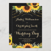 Invitation Tournesol rustique Noir Chaîne Lumière Mariage (Devant / Derrière)