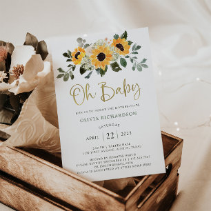 Invitation Tournesol rustique Oh Baby shower Gold Script