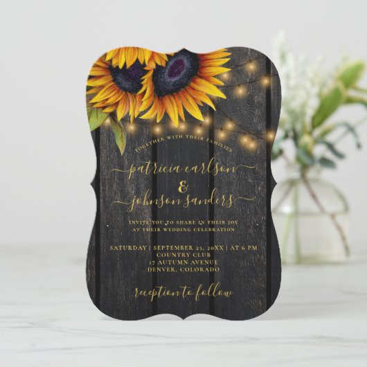 Invitation Tournesol rustique or élégant grange mariage (Debout devant)