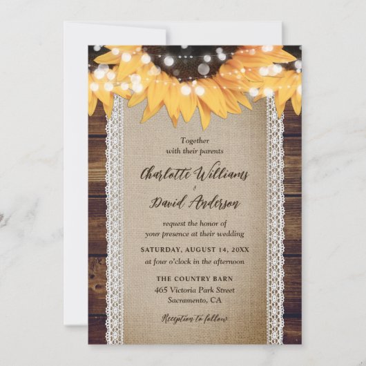 Invitation Tournesol Rustique Pays Bois Burlap Mariage dentel (Devant)