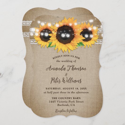 Invitation Tournesol Rustique Pays Burlap Mariage dentelle (Devant / Derrière)