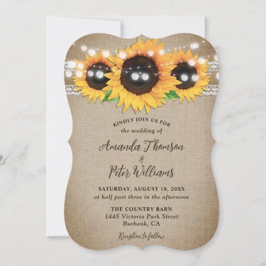 Invitation Tournesol Rustique Pays Burlap Mariage dentelle (Devant)