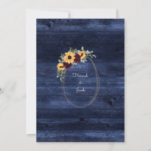 Invitation Tournesol rustique Photo Mariage en bois bleu mari (Dos)