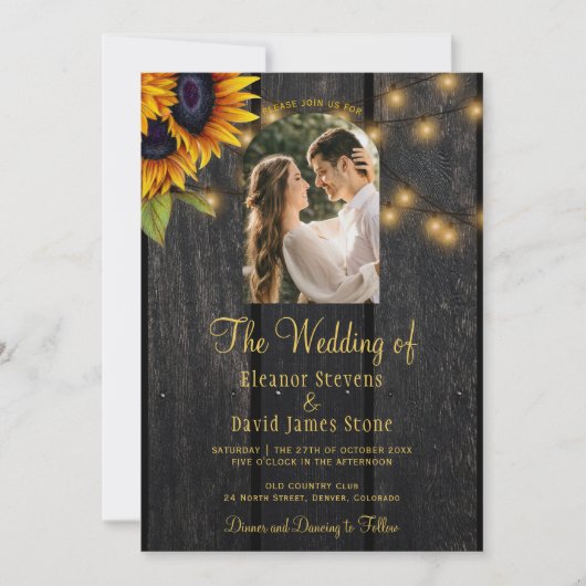 Invitation Tournesol rustique photo QR RSVP tout en un mariag (Devant)