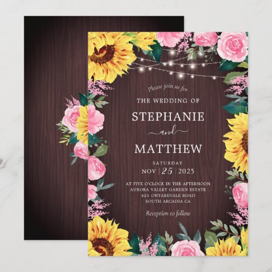 Invitation Tournesol rustique PInk Floral Lights Mariage (Devant / Derrière)
