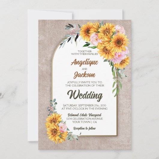 Invitation Tournesol Rustique Rose Mariage Arch (Devant)