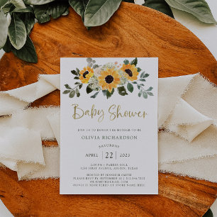 Invitation Tournesol rustique   Script Baby shower et or