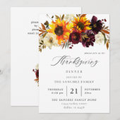 Invitation Tournesol rustique & Thanksgiving Floral Bourgogne (Devant / Derrière)