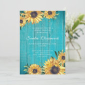 Invitation Tournesol rustique Turquoise bois Fête des mariées (Debout devant)