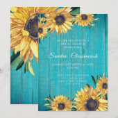 Invitation Tournesol rustique Turquoise bois Fête des mariées (Devant / Derrière)