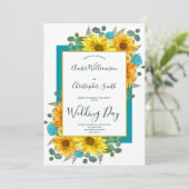 Invitation Tournesol rustique Turquoise Mariage campagnard Ro (Debout devant)