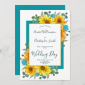 Invitation Tournesol rustique Turquoise Mariage campagnard Ro (Devant / Derrière)