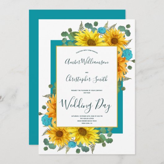 Invitation Tournesol rustique Turquoise Mariage campagnard Ro (Devant / Derrière)