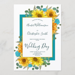 Invitation Tournesol rustique Turquoise Mariage campagnard Ro