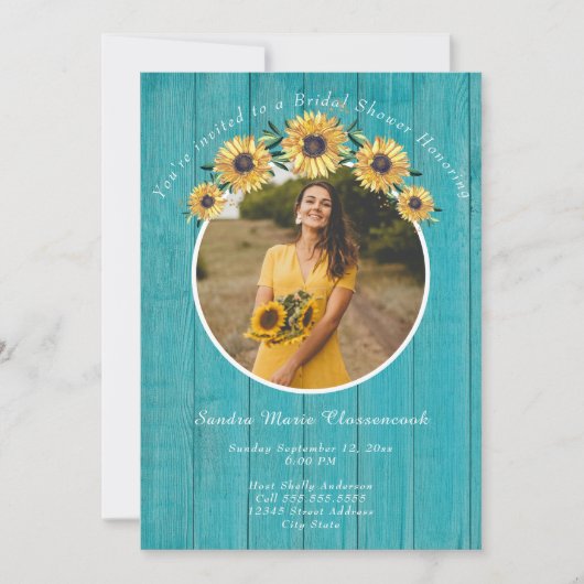 Invitation Tournesol rustique Turquoise Mariage Fête des mari (Devant)