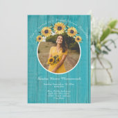 Invitation Tournesol rustique Turquoise Mariage Fête des mari (Debout devant)