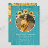 Invitation Tournesol rustique Turquoise Mariage Fête des mari (Devant / Derrière)