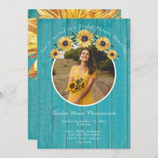 Invitation Tournesol rustique Turquoise Mariage Fête des mari (Devant / Derrière)