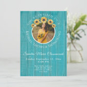 Invitation Tournesol rustique Turquoise Mariage Fête des mari (Debout devant)