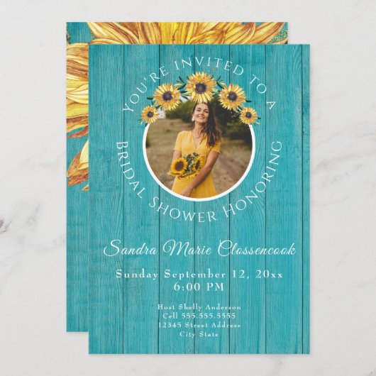 Invitation Tournesol rustique Turquoise Mariage Fête des mari (Devant / Derrière)