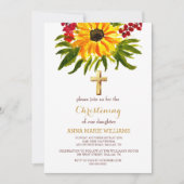 Invitation Tournesol rustique vert Croix d'or Baptême (Devant)