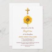 Invitation Tournesol rustique vert Croix d'or Baptême (Devant / Derrière)