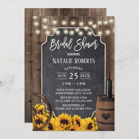 Invitation Tournesol Rustique Vin Barrel Barreau Fête des mar (Devant / Derrière)