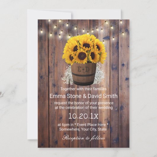 Invitation Tournesol Rustique Vin Barrel Chaîne Lumières Mari (Devant)