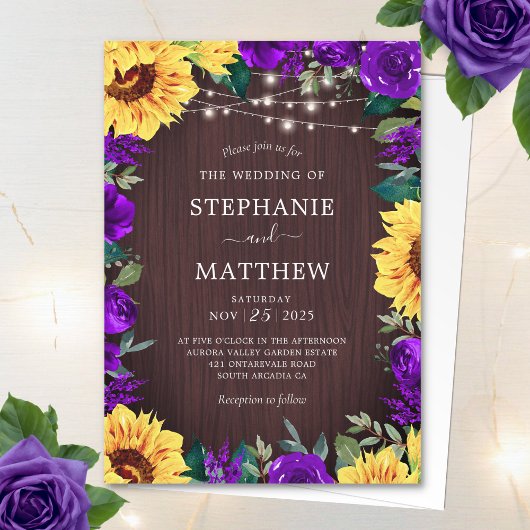 Invitation Tournesol Rustique violet lumière florale Mariage
