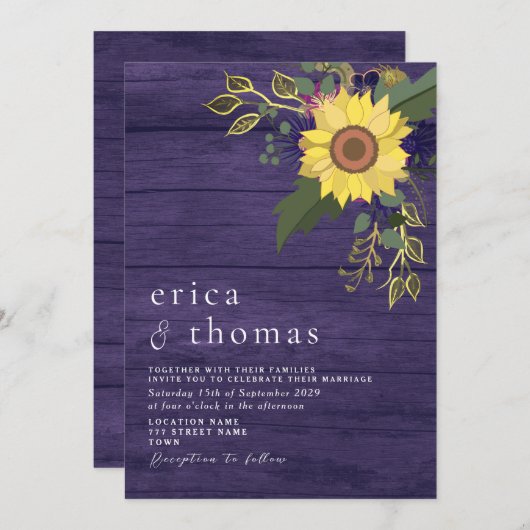 Invitation Tournesol Rustique violet Mariage (Devant / Derrière)