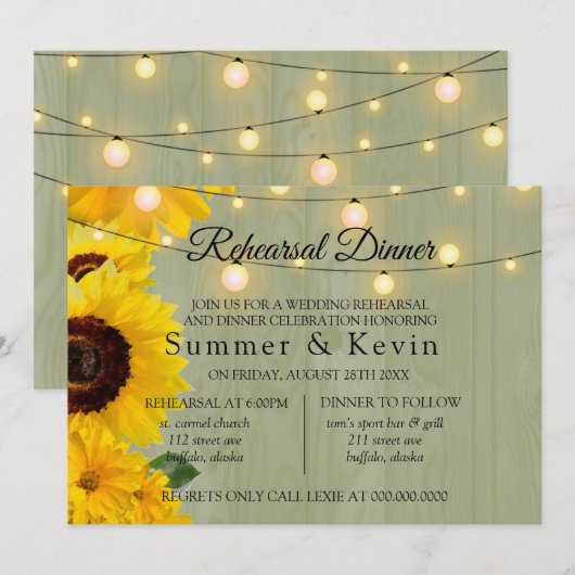 Invitation Tournesol Sage Wood Lights Dîner de répétition (Devant / Derrière)