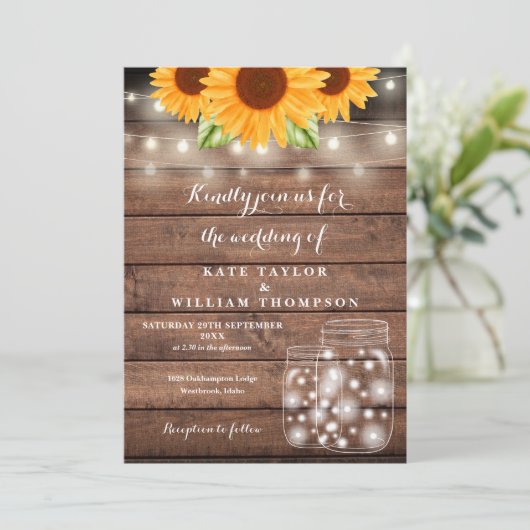 Invitation Tournesol String éclats Mason Jar Rustique Mariage (Debout devant)