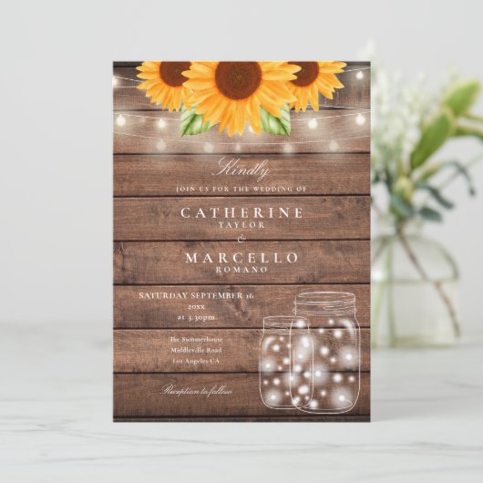 Invitation Tournesol String éclats Mason Jar Rustique Mariage (Debout devant)