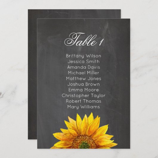 Invitation Tournesol. Tableau des sièges mariages à fleurs en (Devant / Derrière)