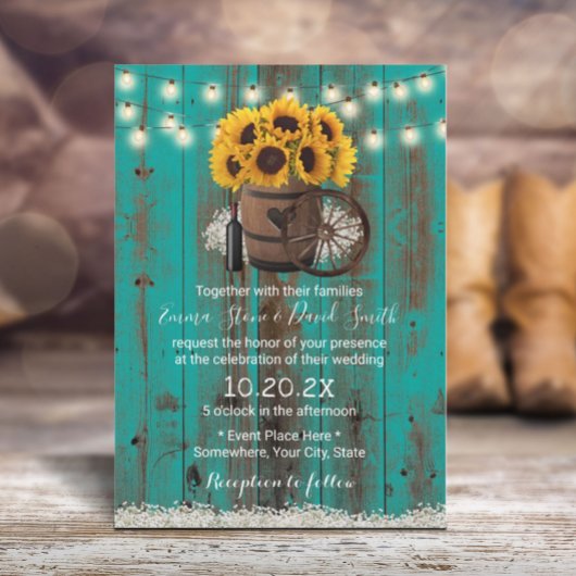 Invitation Tournesol Turquoise Baril de bois de tonneau Maria