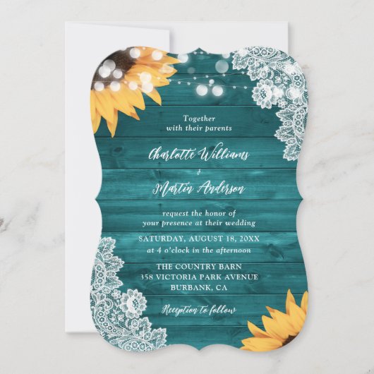 Invitation Tournesol turquoise Bois rustique Mariage dentelle (Devant)
