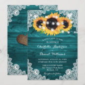 Invitation Tournesol turquoise Rustique Mariage dentelle en b (Devant / Derrière)