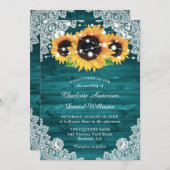 Invitation Tournesol turquoise Rustique Mariage dentelle en b (Devant / Derrière)