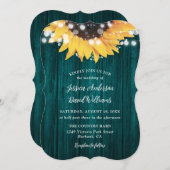 Invitation Tournesol turquoise Rustique Mariage en bois de gr (Devant / Derrière)
