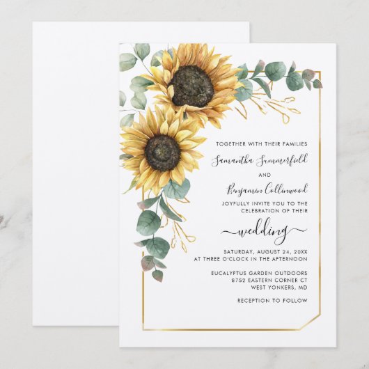 Invitation Tournesol vert Botanique Mariage géométrique (Devant / Derrière)