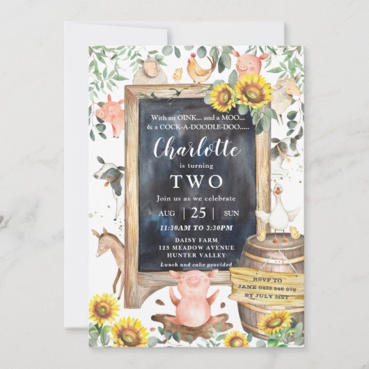 Invitation Tournesol Vert ferme Animaux de ferme Barnyard Ann (Devant)
