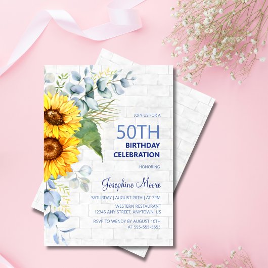 Invitation Tournesol vieilli Mur brique vert Anniversaire