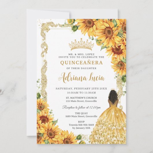 Invitation Tournesol vintage Brown Princesse Quinceañera (Devant)