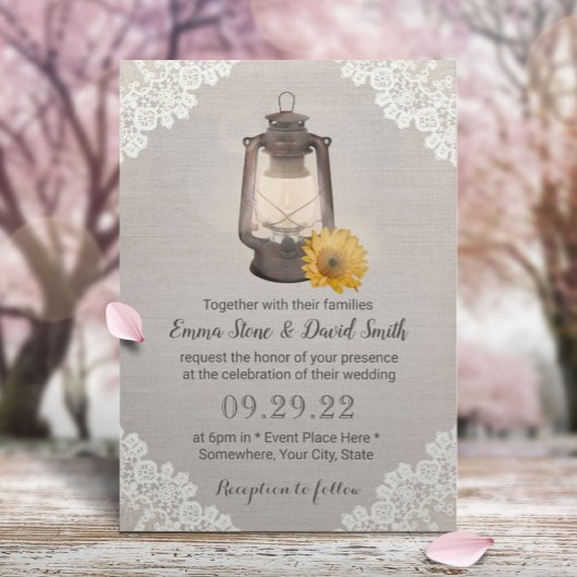 Invitation Tournesol vintage et lanterne Rustique Mariage lac