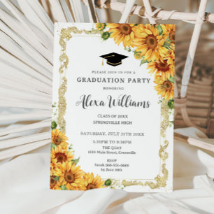 Invitation Tournesol vintage Jaune Floral Graduation