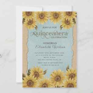 Invitation Tournesol vintage lin bleu Quinceañera